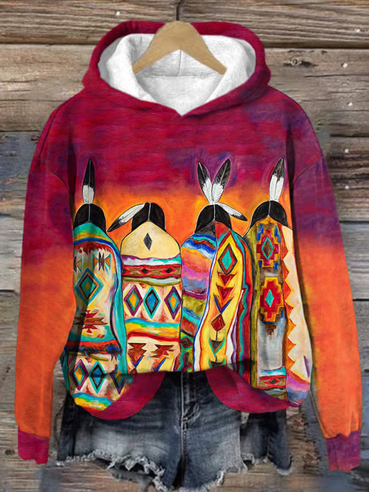 Comstylish Retro Native American Heritage Month Women Feathers Oil Painting Print Hoodie