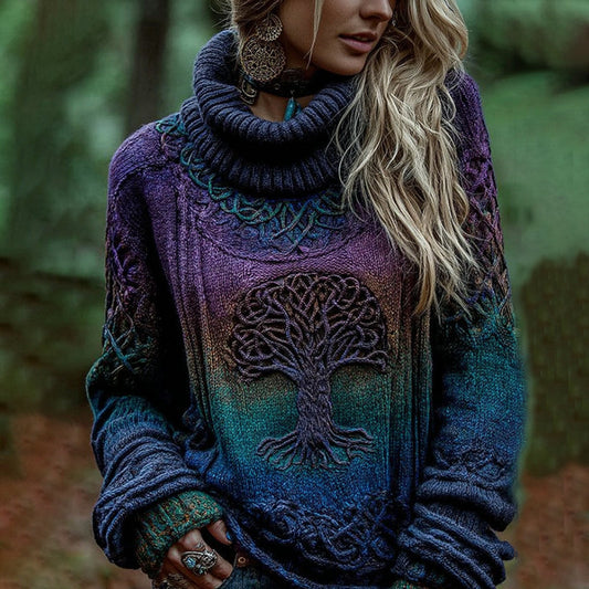 Women's Viking Tree Of Life With Celtic Knot Art Gradient Turtleneck Cozy Knit Sweater elevenforest
