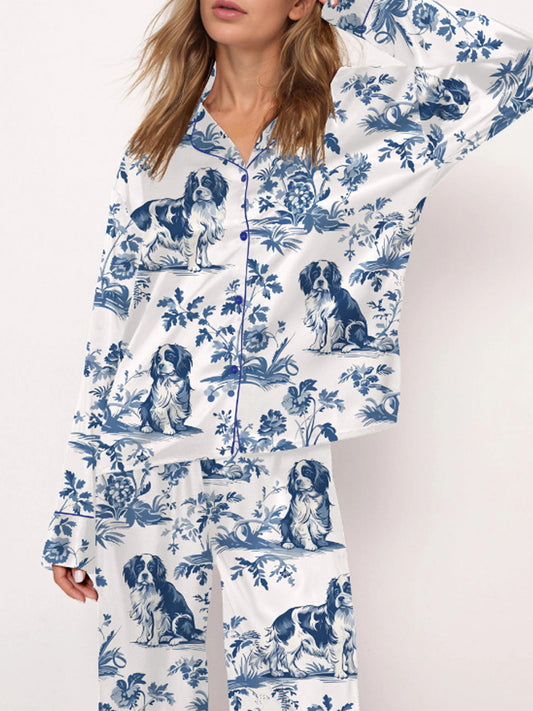 Comstylish Women's Casual Cavalier King Charles Spaniel Silky Satin Pajama Set