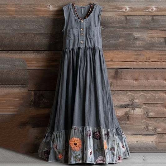 Vintage Denim Floral Patch Design Women's Dress artswardrobe