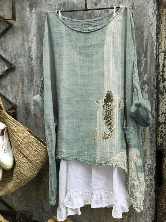 Comstylish Upstream Carp Japanese Art Linen Blend Tunic