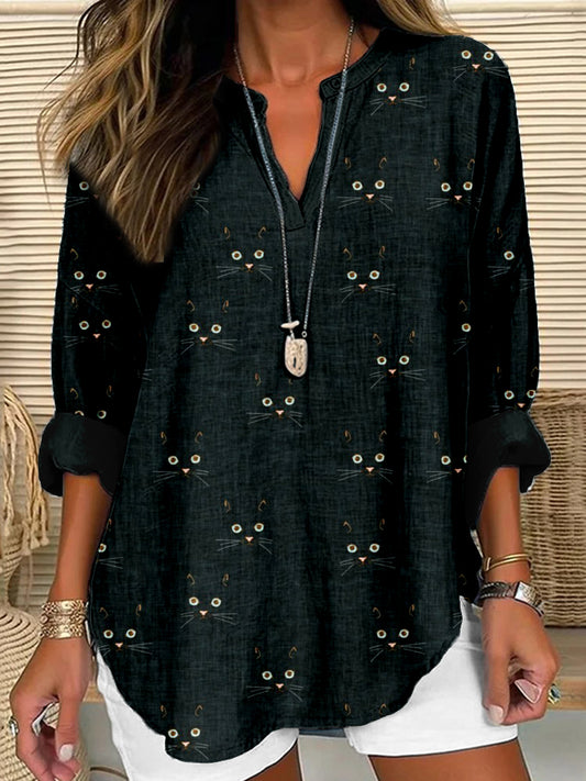 Comstylish Cute Cat Face Pattern Linen Blend Cozy Shirt