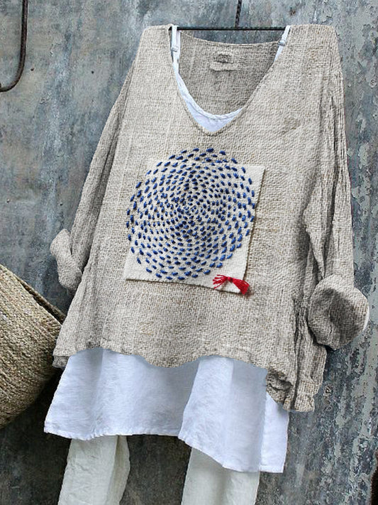 Comstylish Geometric Japanese Sashiko Fiber Art Linen Blend Tunic
