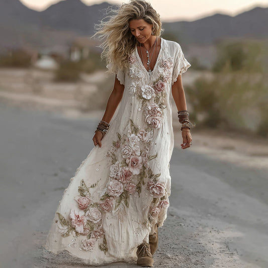Women's Classic Romantic Pink Rose Embroidery Art Comfy Linen Midi Dress artswardrobe