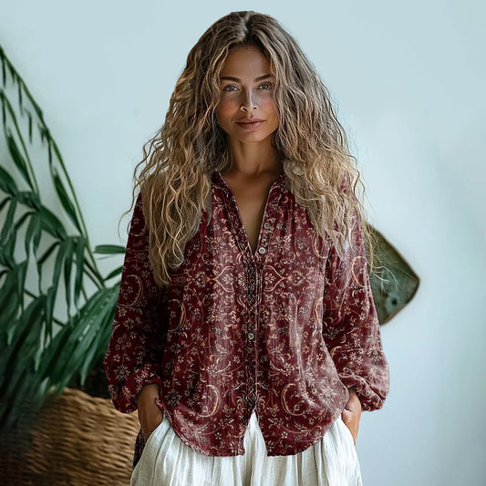 Bohemian Style Floral Linen Print  Long Sleeve Shirt artswardrobe