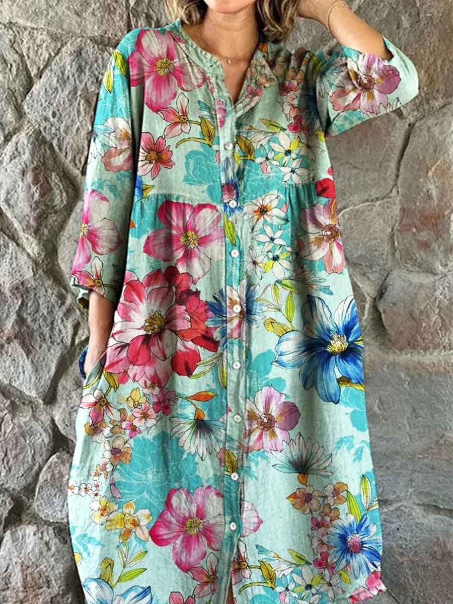 Women's Shirt Style Elegant Simple Floral Pattern Cotton And Linen Dre