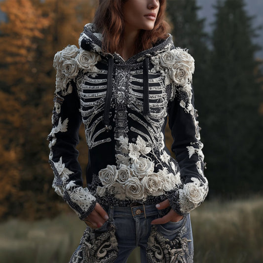 Comstylish Women Halloween Skeleton Skeleton And White Rose Old Thick Hoodie