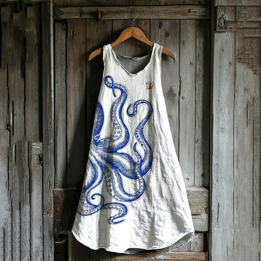 Comstylish Japanese Octopus Legs Art Linen Tank Dress