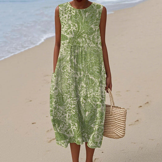 Women's Vintage Floral Art Print Sleeveless Cotton Dress artswardrobe