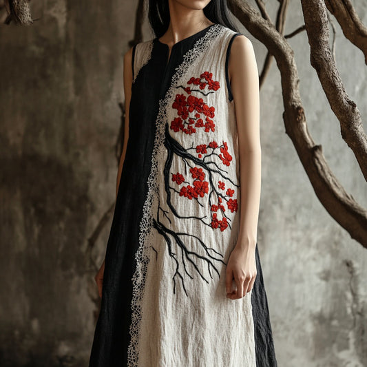 Comstylish Women's Cherry Blossom Embroidery Lace Patchwork Art Linen Tank Dress