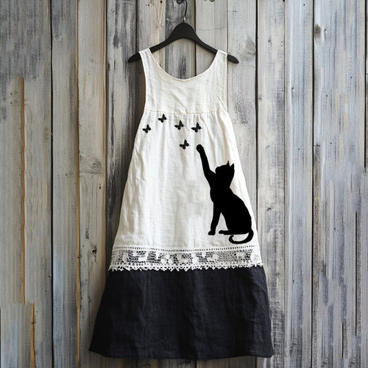 Vintage Abstract Creative Cute Black Cat  Play With Butterfly Art Linen Tank Dress elevenforest
