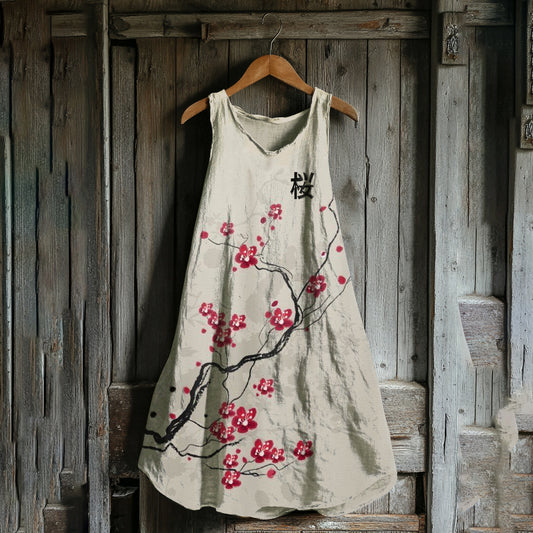 Vintage Cherry Blossom Art Linen Blend Tank Dress artswardrobe
