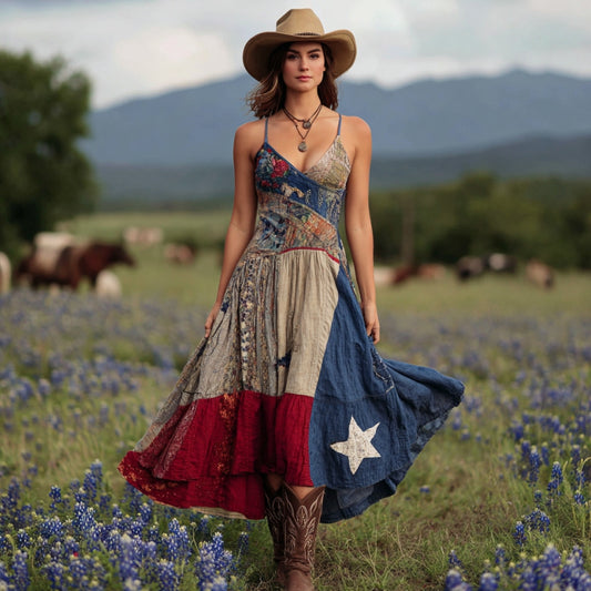 Women's Western Texas Flag Patchwork Bluebonnets Embroidered Print V-neck Suspender Midi Dress artswardrobe