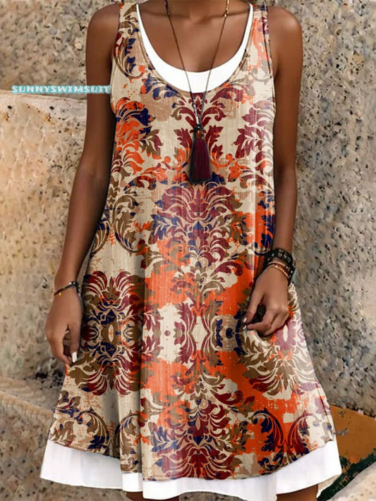 Women's Retro Flowers Art Print Relaxing Beach Vacation Dress