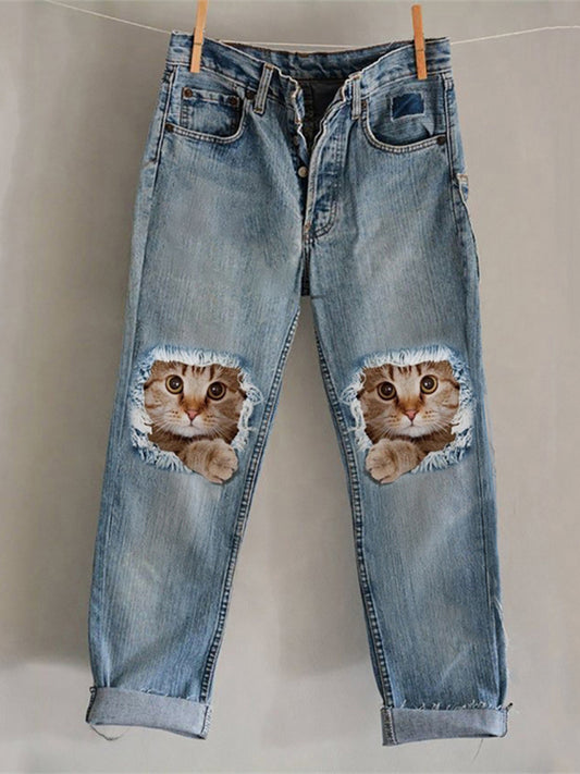 Comstylish Cute Cats Frayed Vintage Washed Jeans