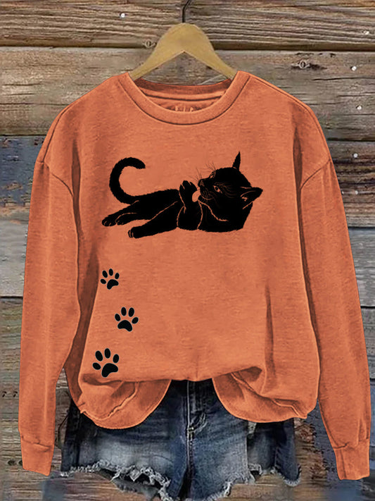 Lazy Cat's Footsteps Print Women's Casual Sweatshirt elevenforest