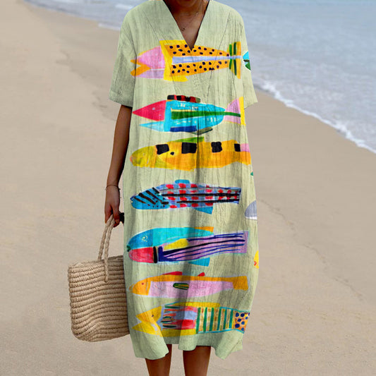 Comstylish Women's Vintage Colorful Fish Printed Casual Midi Dress