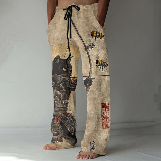 Men's Black Cat Tribal Warrior Japanese Kyudo Print Linen Pants elevenforest