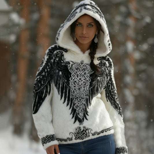 Comstylish Women's Viking Celtic Knot With Wings Art Plush Warm Flannel Hoodie
