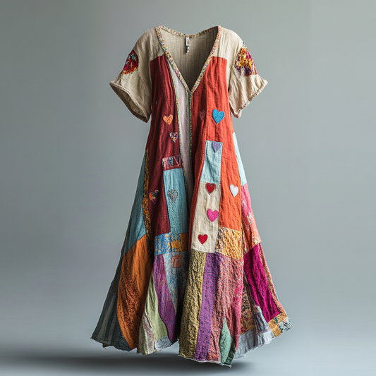 Women's Vintage Rainbow And Love Heart Art Linen V-neck Short Sleeve Dress artswardrobe