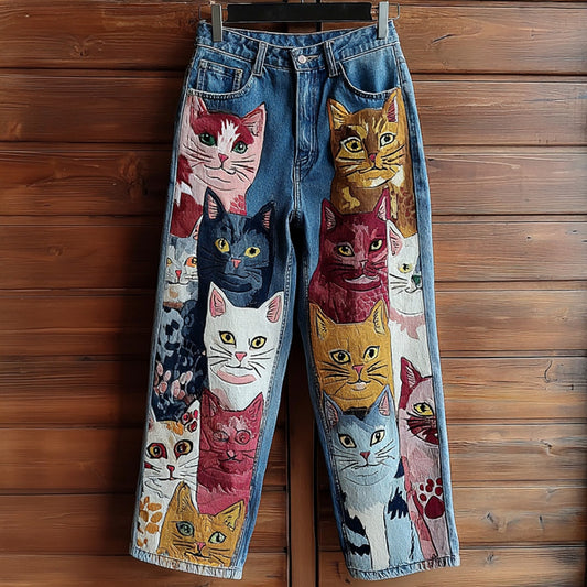 Comstylish Vintage Colored Cat Embroidered Washed Jeans