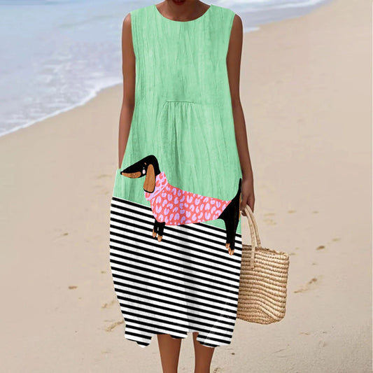 Comstylish Women's Cute Dachshund Stripes Art Print Sleeveless Dress
