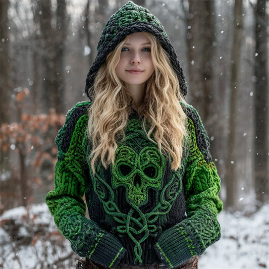 Viking Skull Halloween Women's Hooded Chunky Knit Sweater elevenforest