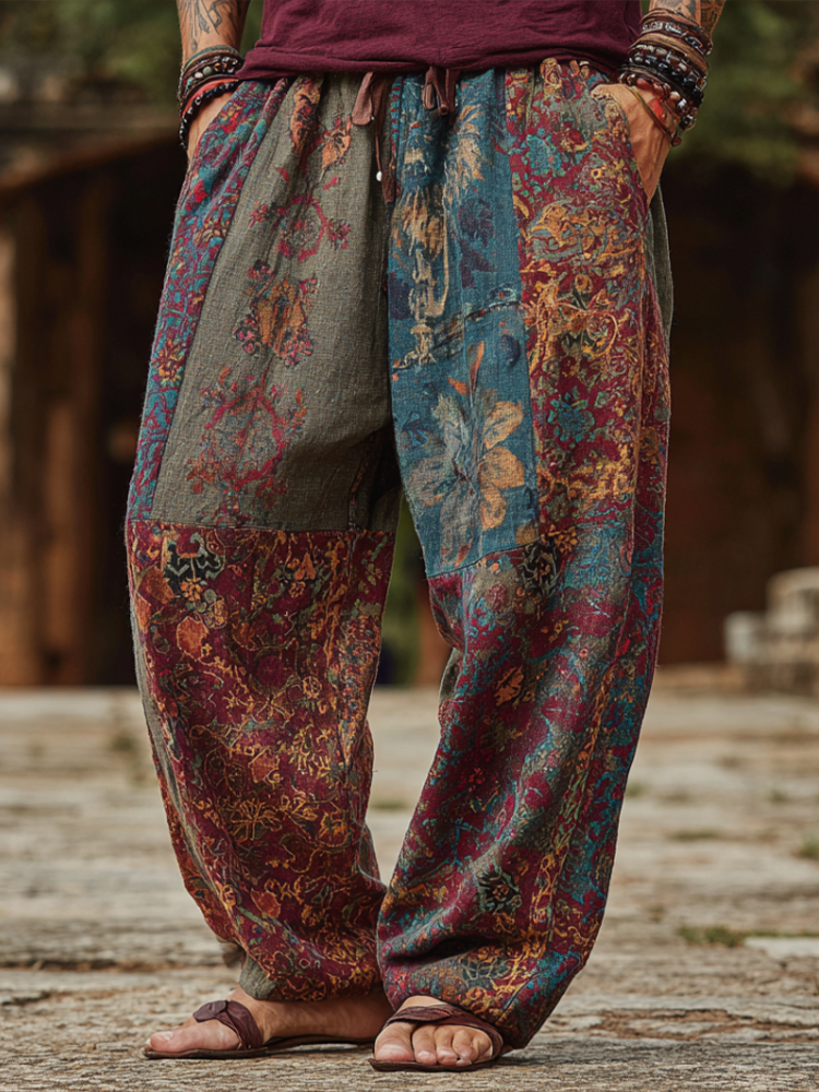 Western Bohemian Style Plant And Flower Pattern Retro Cotton And Linen Loose Wide-leg Pants artswardrobe