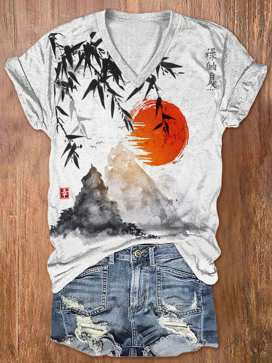 Comstylish Women's Bamboo Mount Fuji Sunrise Japanese Art Print Casual T-Shirt