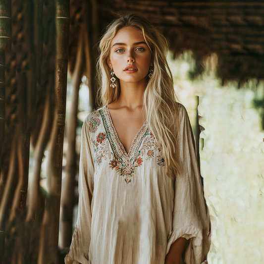 Comstylish Boho Floral Tribal Embroidery Print Cotton And Linen Blend Loose Blouse