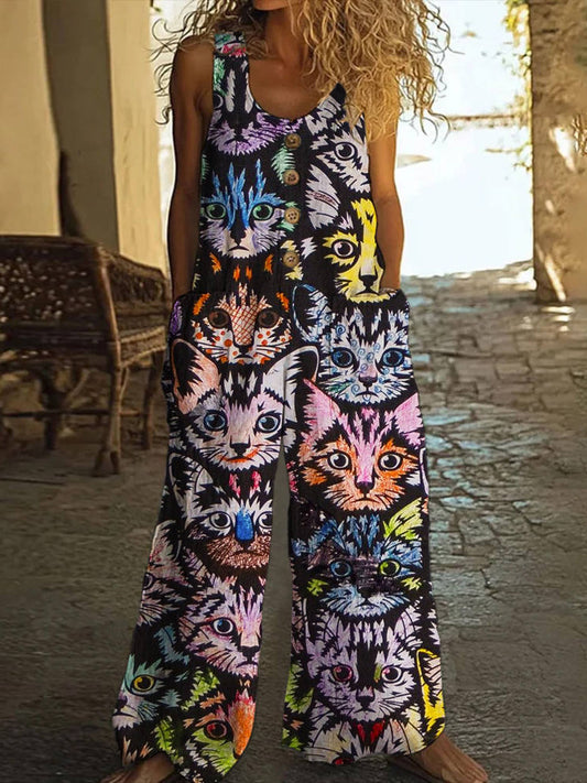 Comstylish Vintage Cat Graffiti Print Women's Linen Vest Jumpsuit