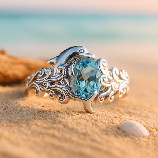 Dolphin Blue Crystal Silvered Ring