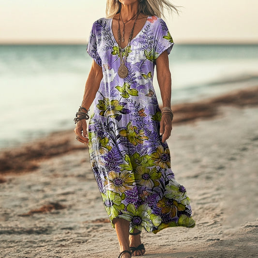 Women's Folk Flower Art Print V Neck Pocket Cotton Dress