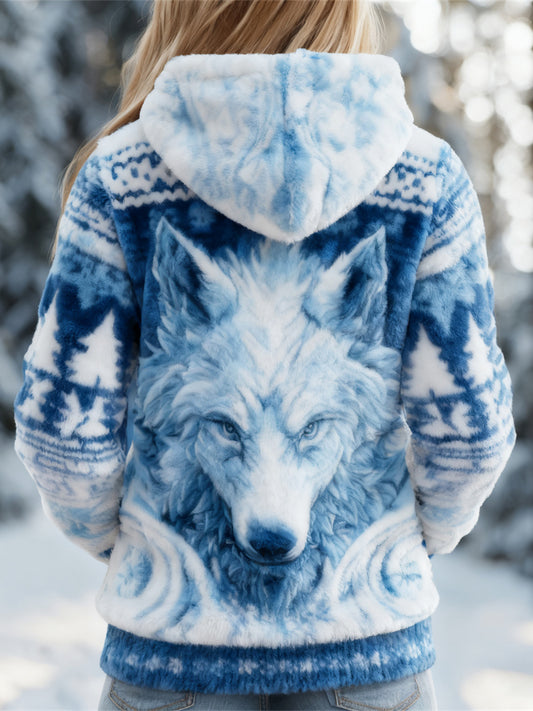 Comstylish Nordic Myth Ice Wolf Pattern Women's Flannel Hooded Sweatshirt