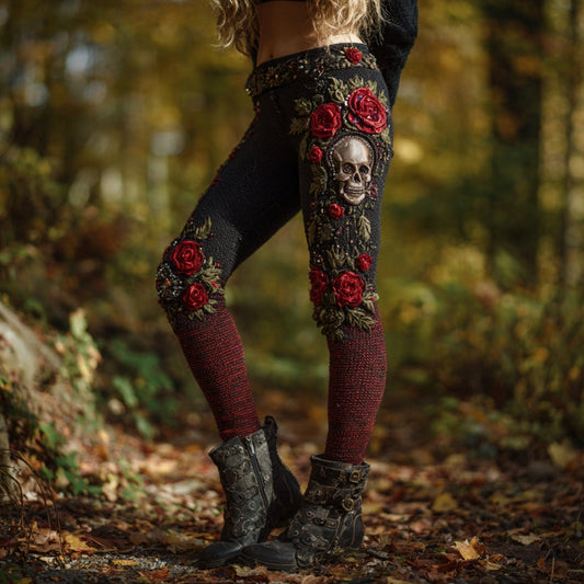 Women's Vintage Skull And Rose Pattern Comfortable Leggings artswardrobe