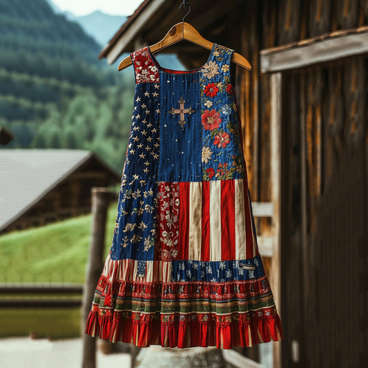 Vintage Boho America Flag With Floral In Faith Cross Independent Day Embroidered Cozy Linen Midi Dress artswardrobe