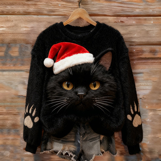 Comstylish Christmas Santa Hat Black Cat Round Neck Flannel Sweatshirt