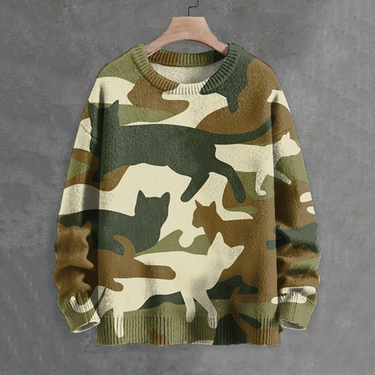 Men's Cats Camouflage Print Knit Crew Neck Sweater elevenforest