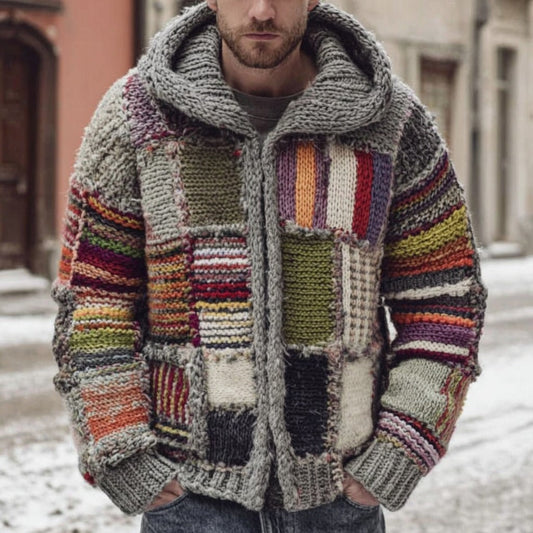 Men's Retro Geometric Colorblock Comfort Knit Zipper Hooded Sweater elevenforest