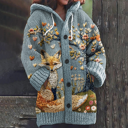 Vintage Fox Floral Embroidered Art Cozy Knit Hooded Cardigan artswardrobe