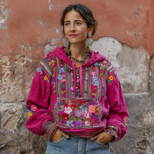 Comstylish Women's Vintage Bohemian Floral Embroidery Long Sleeve Hoodie