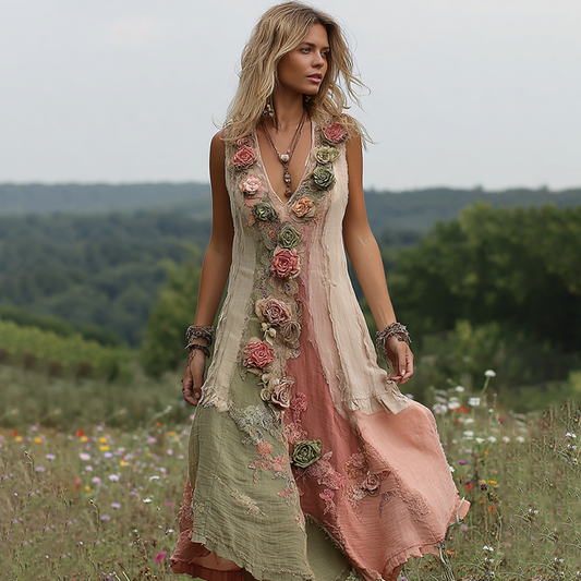 Women Vintage Floral Art V Neck Linen Maxi Dress artswardrobe