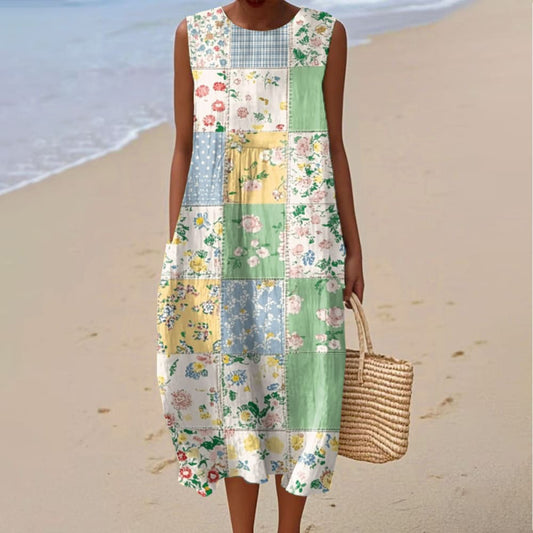 Women's Vintage Floral Print Sleeveless Dress artswardrobe