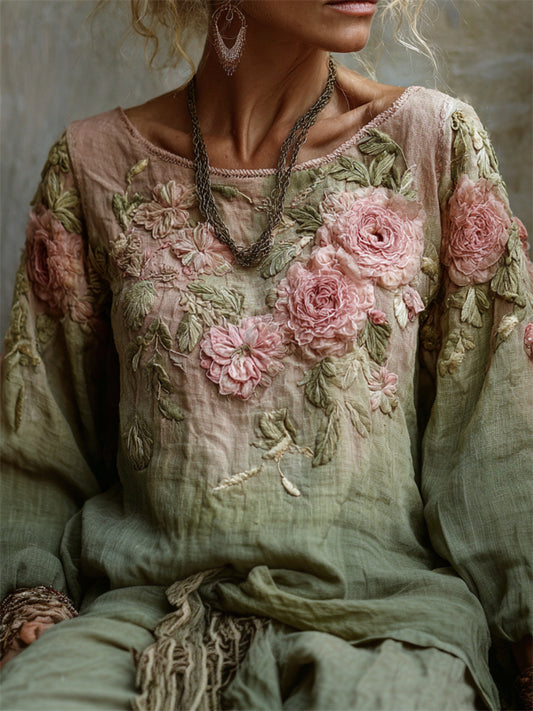 Vintage Pink Roses Forest Gradient Linen Tunic artswardrobe