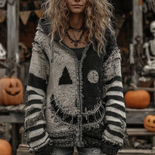 Halloween Pumpkin Face Patchwork Art Cozy Knit Hooded Cardigan elevenforest