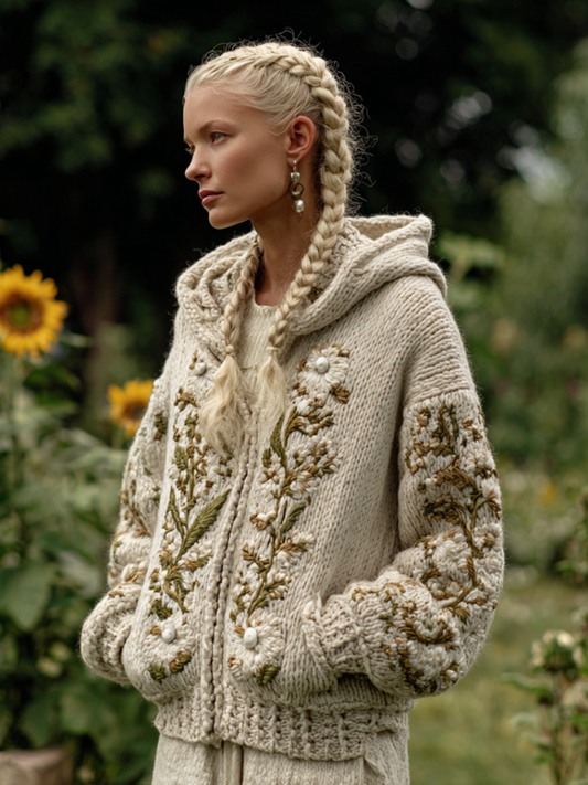 Women's Bohemian Style Plant Flower Pattern Embroidered Hooded Sweater Jacket elevenforest
