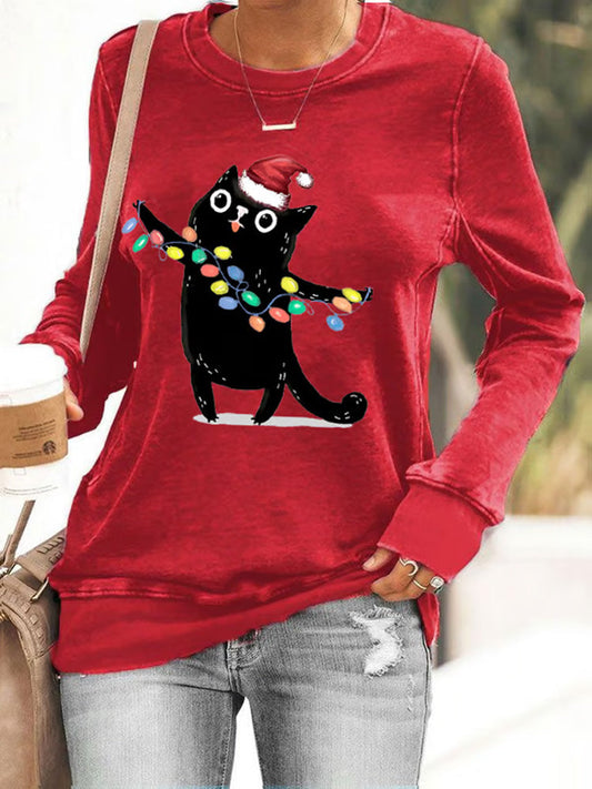 Women's Christmas Lights And Black Cat Print Sweatshirt elevenforest