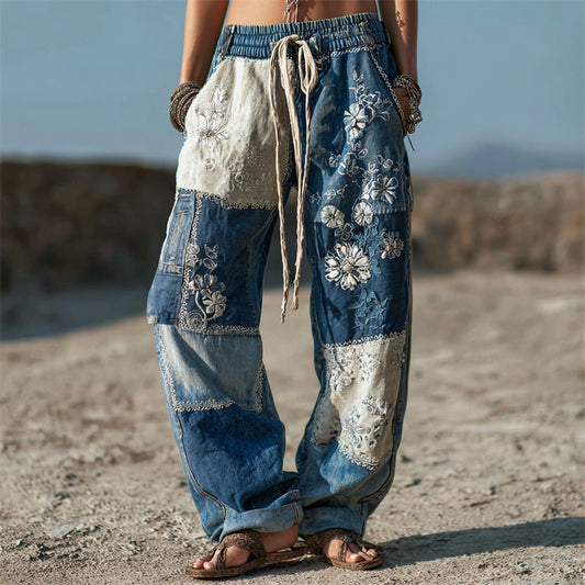 Comstylish Floral Lace Japanese Sashiko Patchwork Flowy Linen Pants