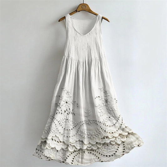Cottage Floral Lace Embroidered Flowy Linen Tank Dress artswardrobe