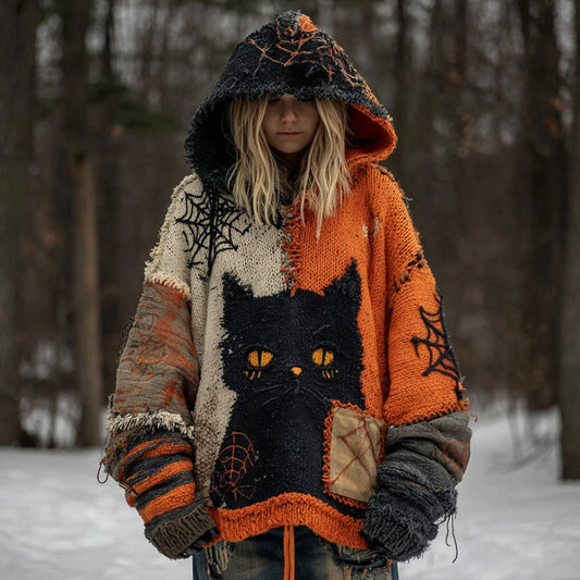 Women's Black Cat Patchwork Stitched Cozy Knit Hooded artswardrobe